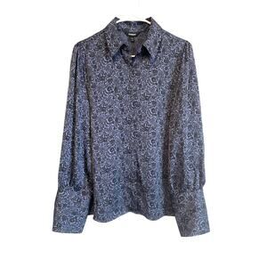 Express Blue Floral Wide Cuff Blouse Satin Button Up Collared Long Sleeve Med